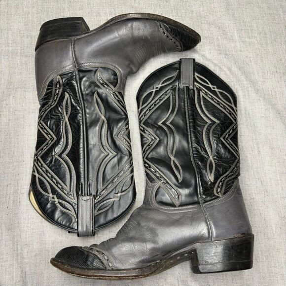 Tony Lama Vintage Cowboy Boots Grey Black Leather Western Top Stitching Size 9 - Picture 10 of 11